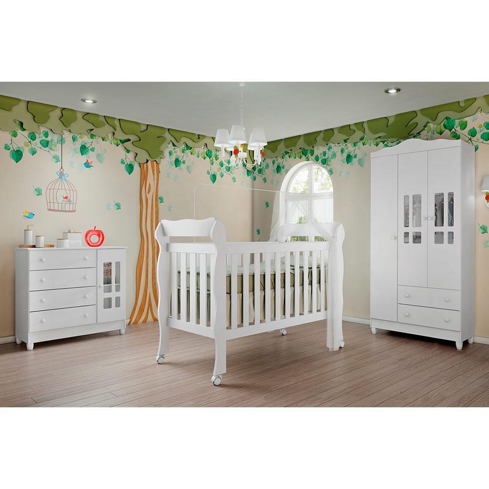 Quarto de Bebê Ariel Completo Berço 3 em 1 Lila Guarda Roupa 3 Portas Cômoda Infantil Branco Carolina Baby