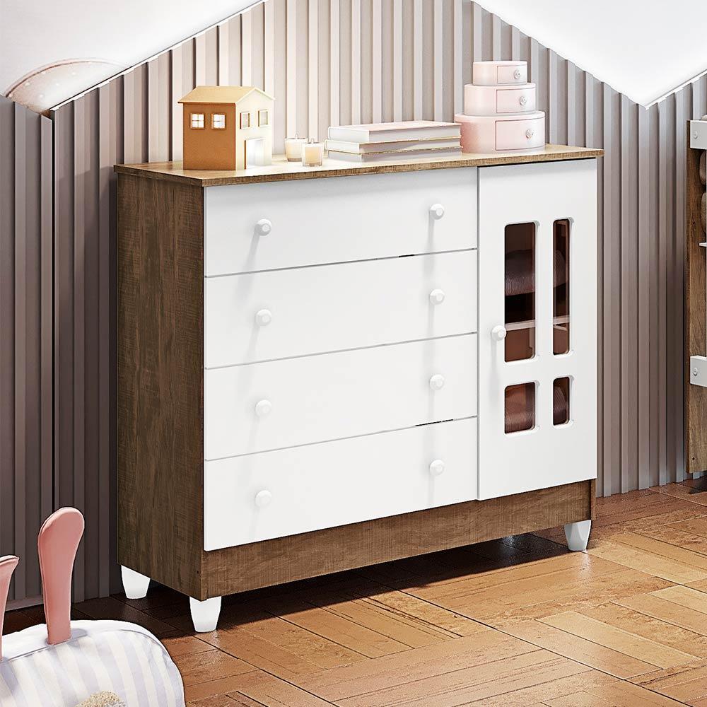 Quarto de Bebê Ariel Guarda Roupa 4 Portas com Gavetas Cômoda Infantil 4 Gavetas com Porta Amadeirado Carolina Baby