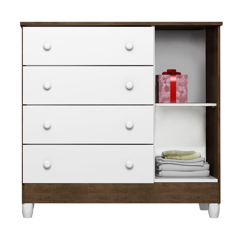 Quarto de Bebê Ariel Guarda Roupa 4 Portas com Gavetas Cômoda Infantil 4 Gavetas com Porta Amadeirado Carolina Baby