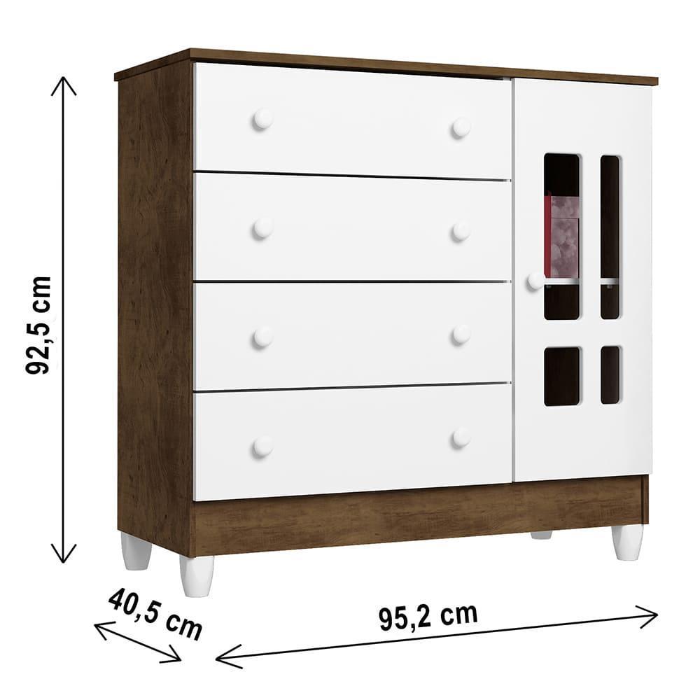 Quarto de Bebê Ariel Guarda Roupa 4 Portas com Gavetas Cômoda Infantil 4 Gavetas com Porta Amadeirado Carolina Baby