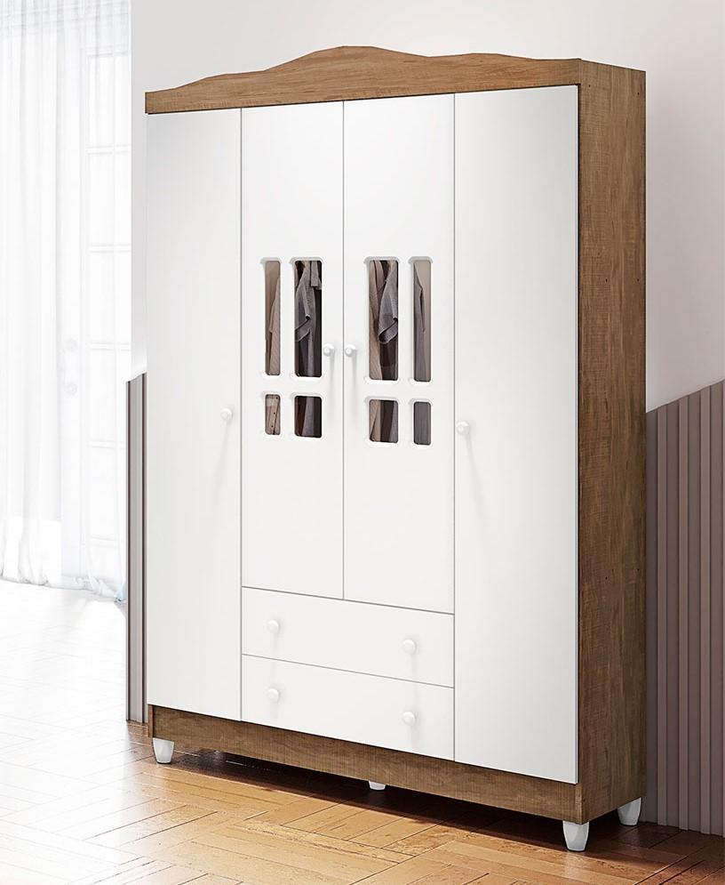 Quarto de Bebê Ariel Guarda Roupa 4 Portas com Gavetas Cômoda Infantil 4 Gavetas com Porta Amadeirado Carolina Baby