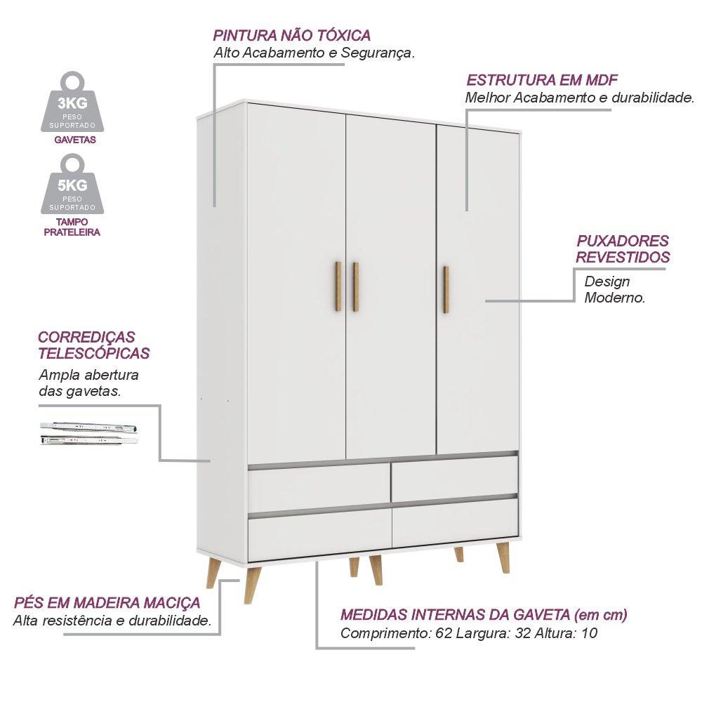 Quarto de Bebê Berço 3 em 1 Cômoda Gaveteiro Guarda Roupa Retrô 3 Portas com Gavetas Branco Carolina Baby