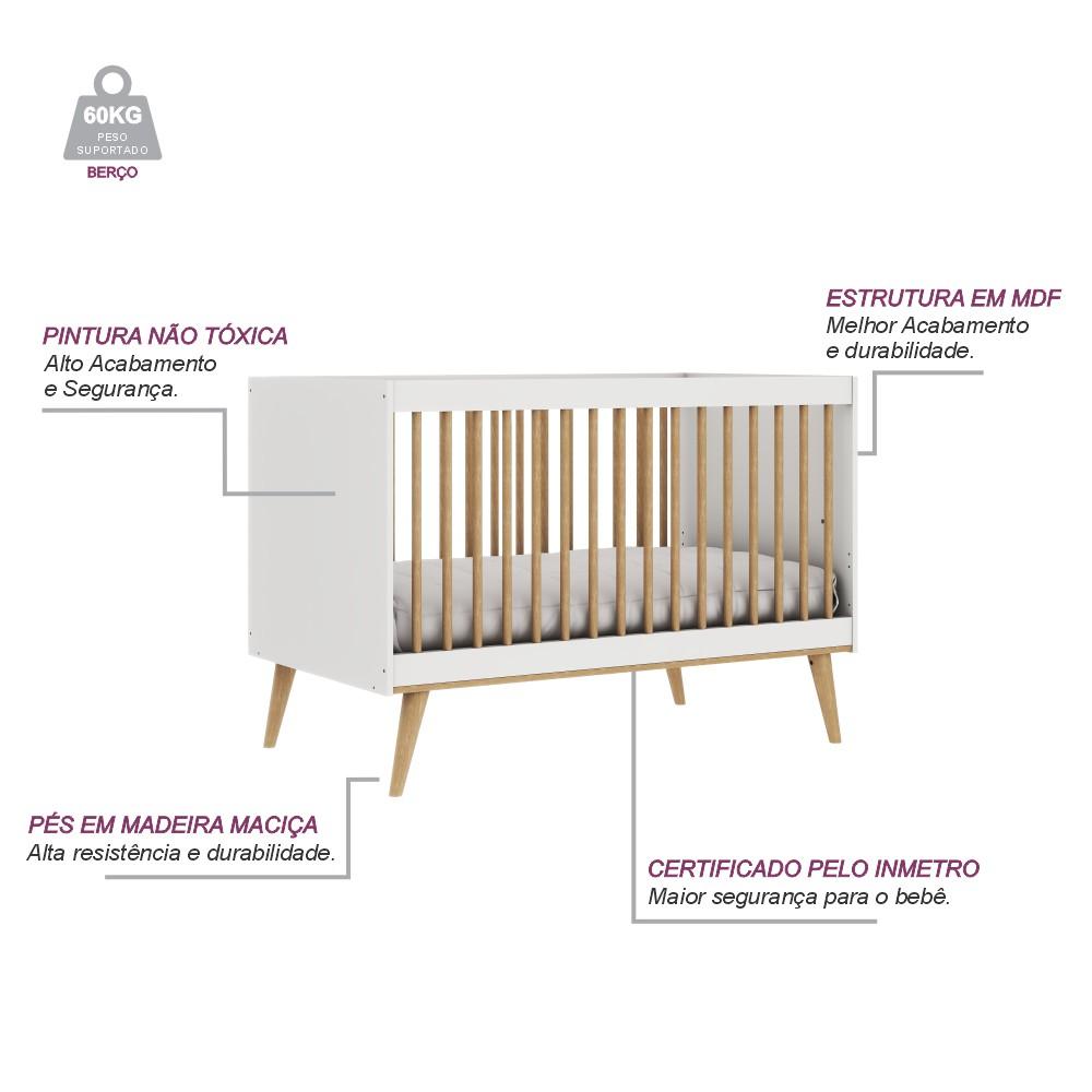 Quarto de Bebê Berço 3 em 1 Cômoda Gaveteiro Guarda Roupa Retrô 3 Portas com Gavetas Branco com Bétula Carolina Baby