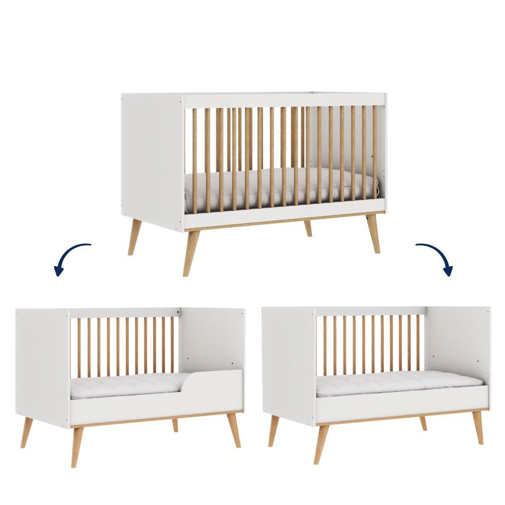 Quarto de Bebê Berço 3 em 1 Cômoda Gaveteiro Guarda Roupa Retrô 3 Portas com Gavetas Branco com Bétula Carolina Baby