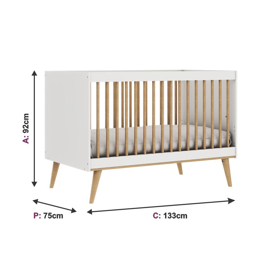 Quarto de Bebê Berço 3 em 1 Cômoda Gaveteiro Guarda Roupa Retrô 3 Portas com Gavetas Branco com Bétula Carolina Baby