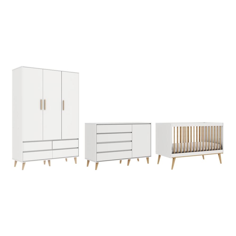 Quarto de Bebê Berço 3 em 1 Cômoda Infantil 4 Gavetas com Porta Guarda Roupa Branco Carolina Baby