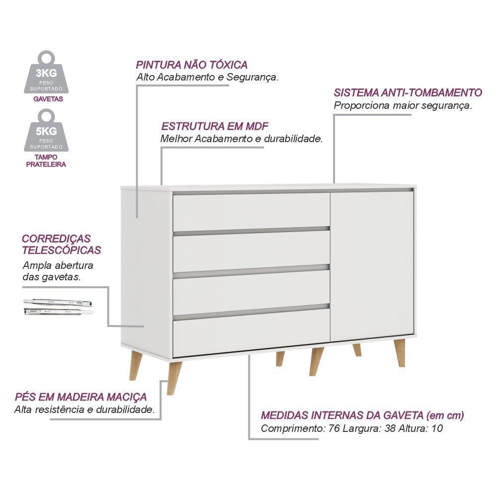 Quarto de Bebê Berço 3 em 1 Lígia Cômoda Infantil 4 Gavetas com Porta Gran Lorena Branco Carolina Baby