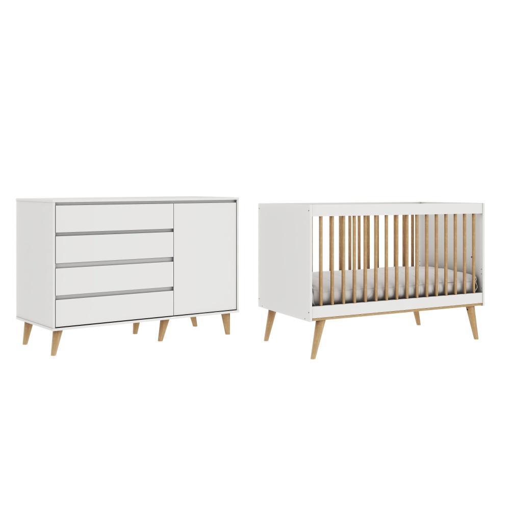 Quarto de Bebê Berço 3 em 1 Lígia Cômoda Infantil 4 Gavetas com Porta Gran Lorena Branco Carolina Baby