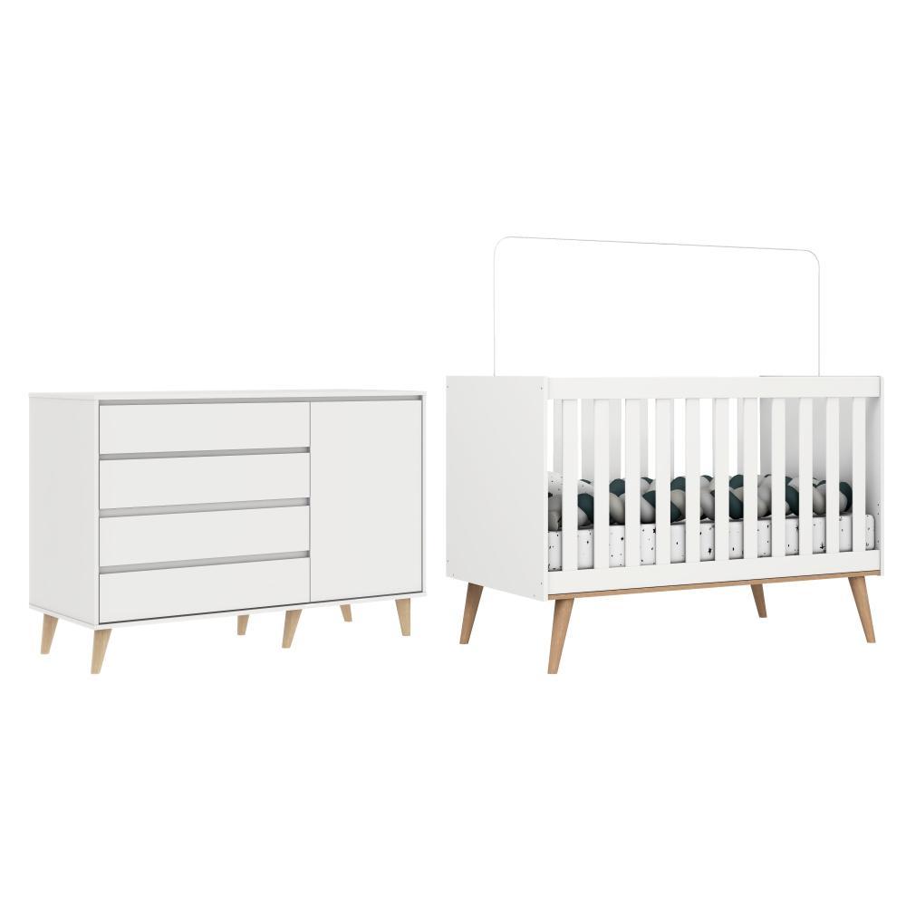 Quarto de Bebê Berço 3 em 1 Retrô Ludmila Cômoda com Fraldário Gran Lorena Branco Carolina Baby