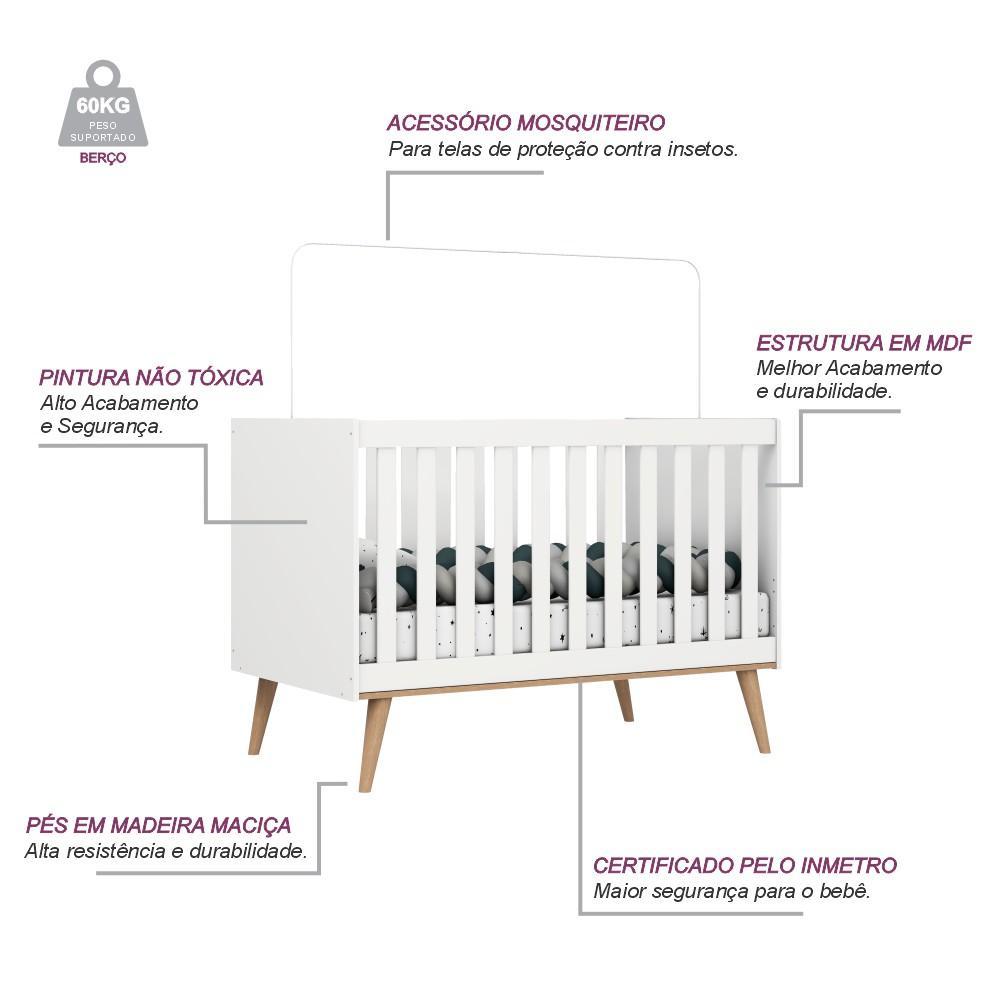 Quarto de Bebê Berço 3 em 1 Retrô Ludmila Cômoda com Fraldário Gran Lorena Branco Carolina Baby