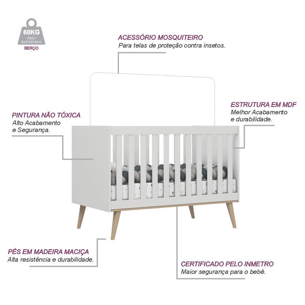 Quarto de Bebê Berço 3 em 1 Retrô Ludmila Cômoda com Fraldário Ligia Off White Carolina Baby