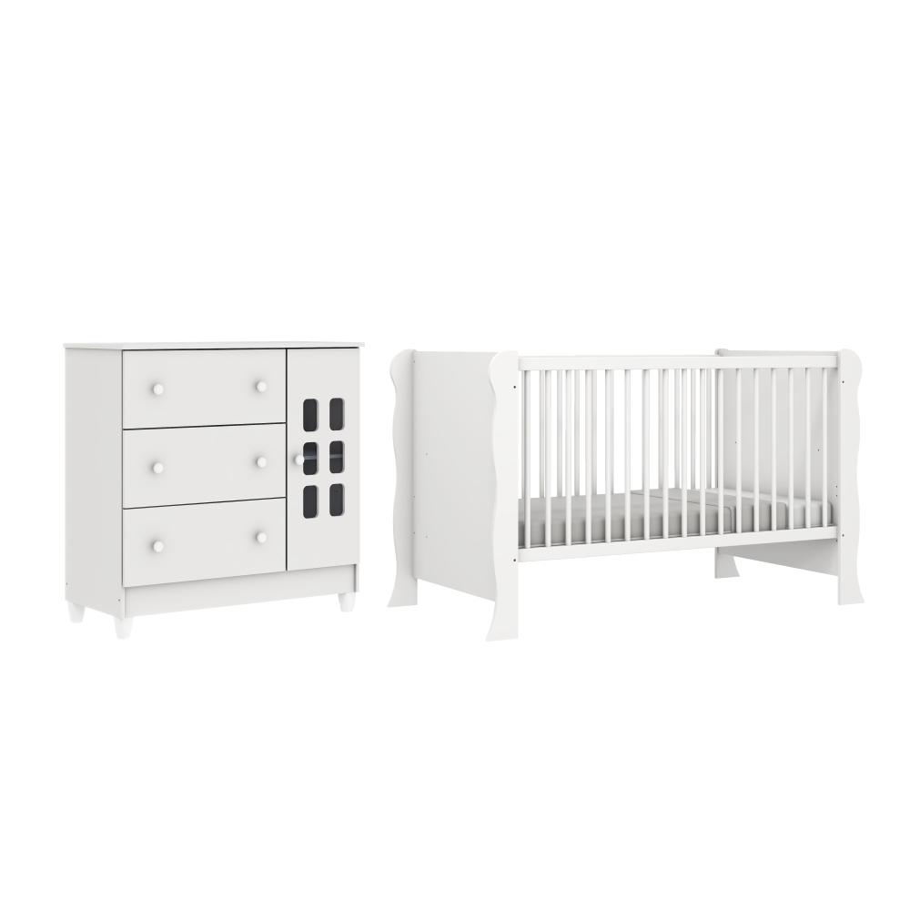 Quarto de Bebê Berço Mini Cama Raissa Cômoda Infantil 3 Gavetas com Fraldário Bianca Branco Carolina Baby
