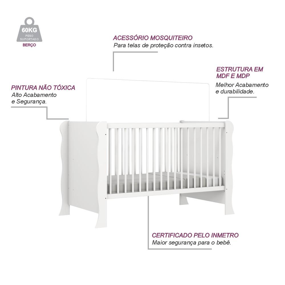 Quarto de Bebê Berço Mini Cama Raissa Cômoda Infantil 3 Gavetas com Fraldário Bianca Branco Carolina Baby