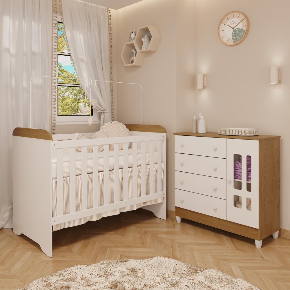 Quarto de Bebê Cômoda com Fraldário Ariel Berço 3 em 1 Gabrielle Branco com Bétula Carolina Baby