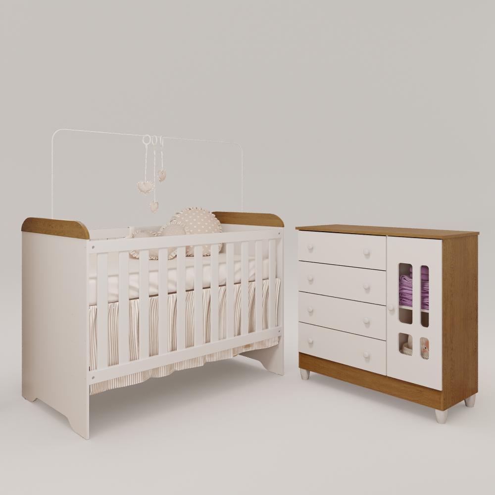 Quarto de Bebê Cômoda com Fraldário Ariel Berço 3 em 1 Gabrielle Branco com Bétula Carolina Baby