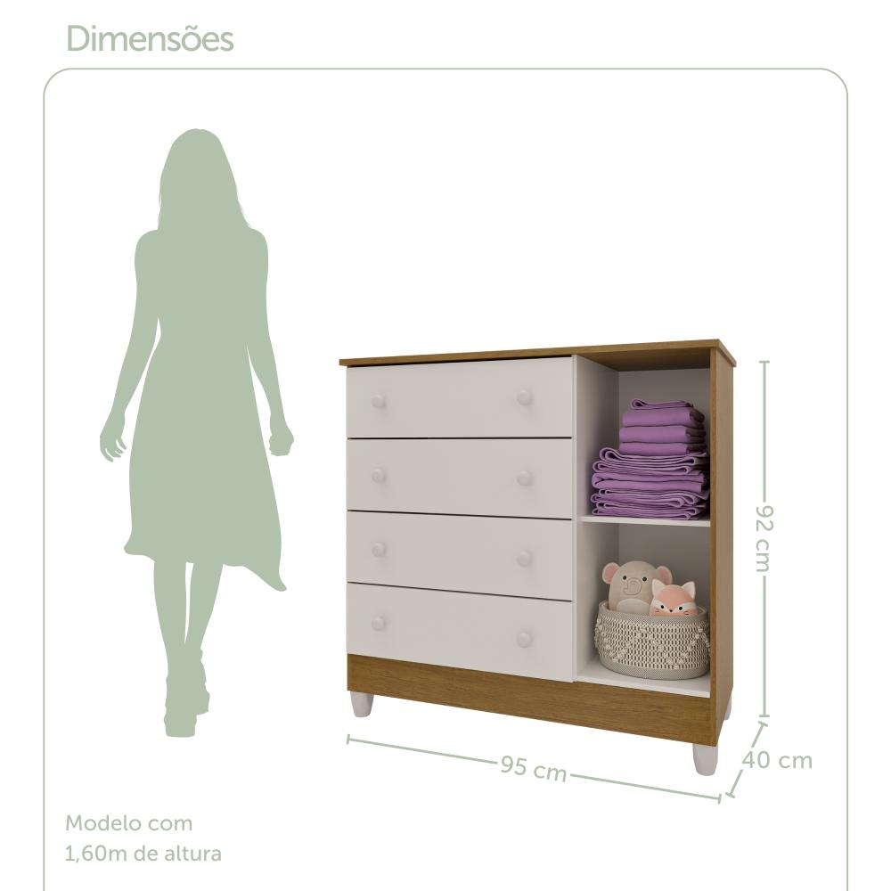 Quarto de Bebê Cômoda com Fraldário Ariel Berço 3 em 1 Gabrielle Branco com Bétula Carolina Baby