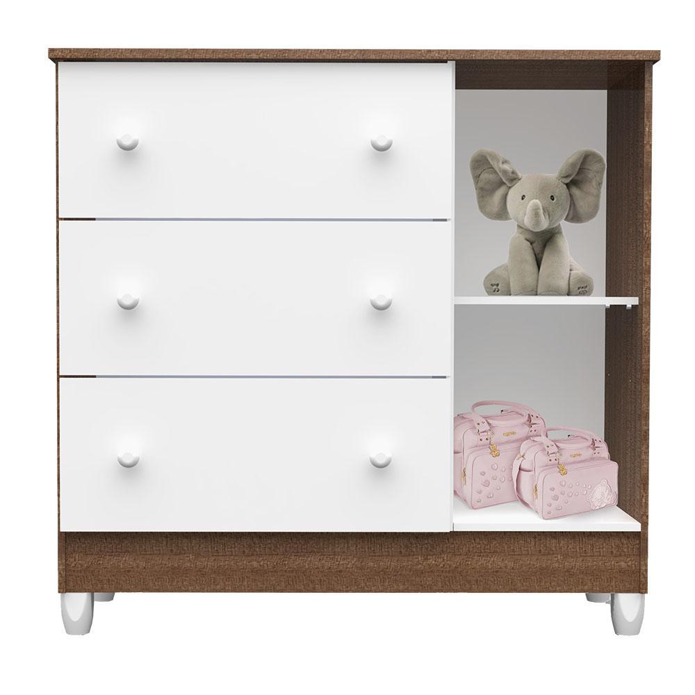 Quarto de Bebê Completo Ariane Berço 3 em 1 Gabrielle Guarda Roupa 3 Portas Cômoda Infantil com Porta 3 Gavetas Amadeirado Carolina Baby