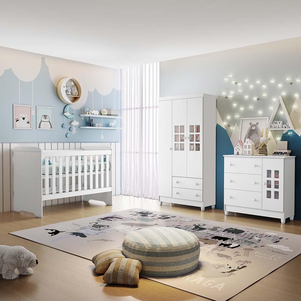 Quarto de Bebê Completo Ariane Berço 3 em 1 Gabrielle Guarda Roupa 3 Portas Cômoda Infantil com Porta 3 Gavetas Branco Carolina Baby