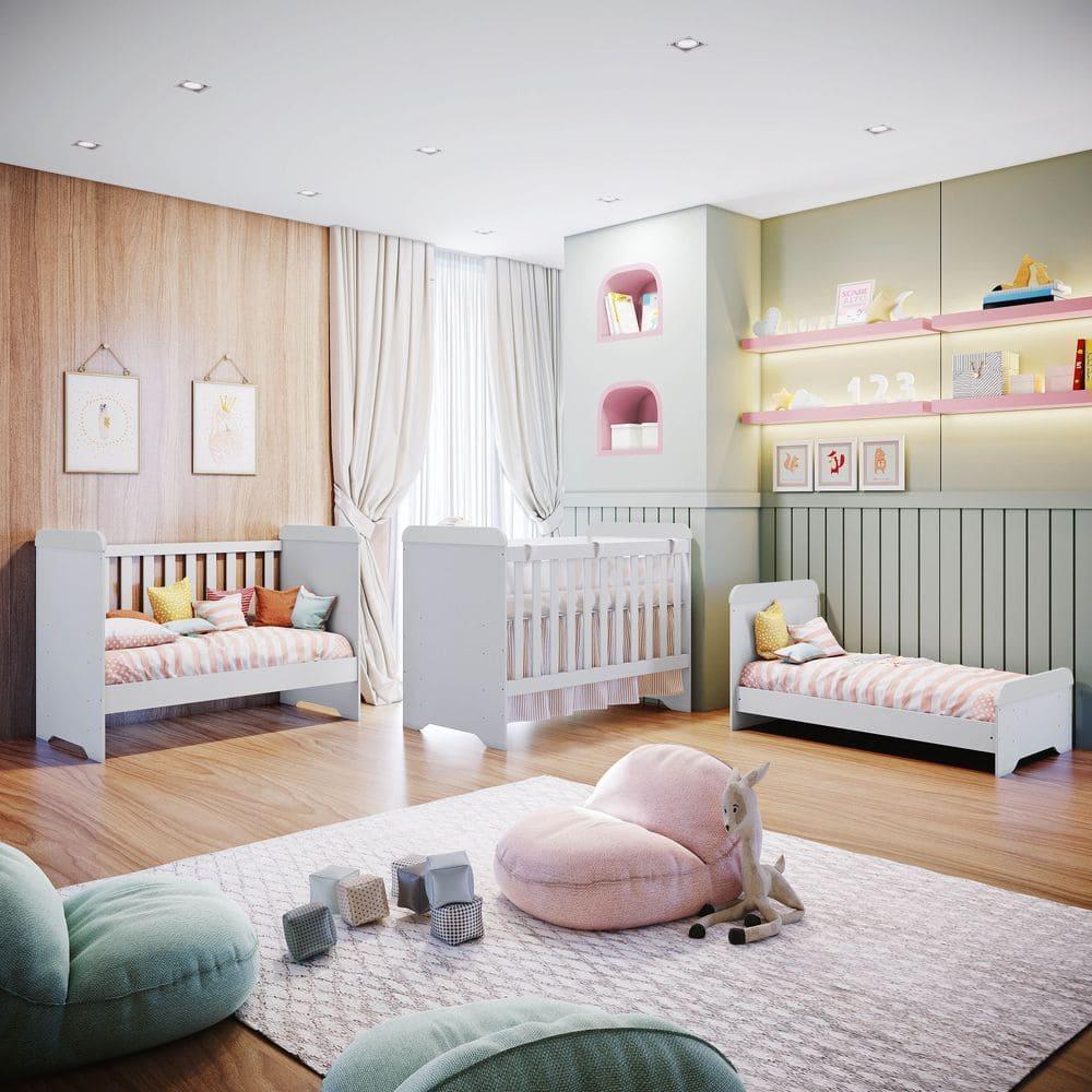 Quarto de Bebê Completo Ariane Berço 3 em 1 Gabrielle Guarda Roupa 3 Portas Cômoda Infantil com Porta 3 Gavetas Branco Carolina Baby