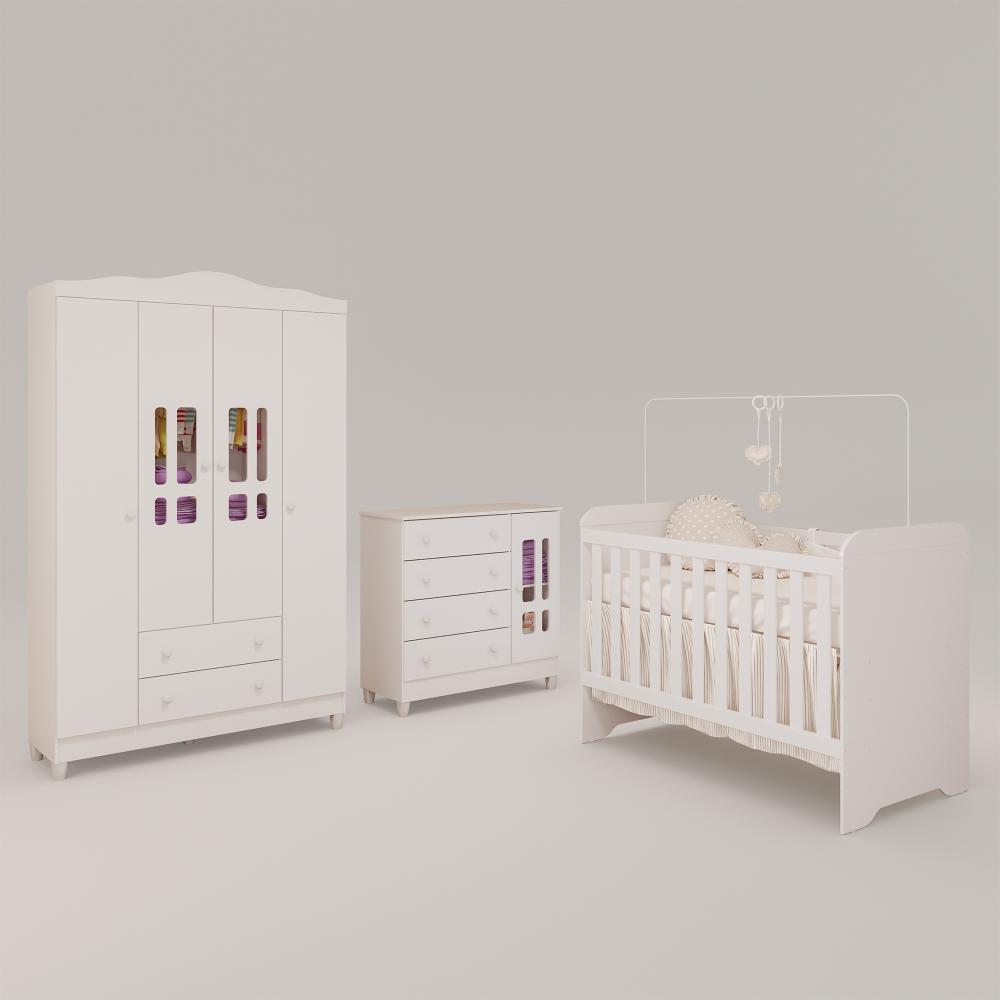 Quarto de Bebê Completo Berço 3 em 1 Gabrielle Guarda Roupa 4 Portas Cômoda Infantil com Porta Branco Carolina Baby