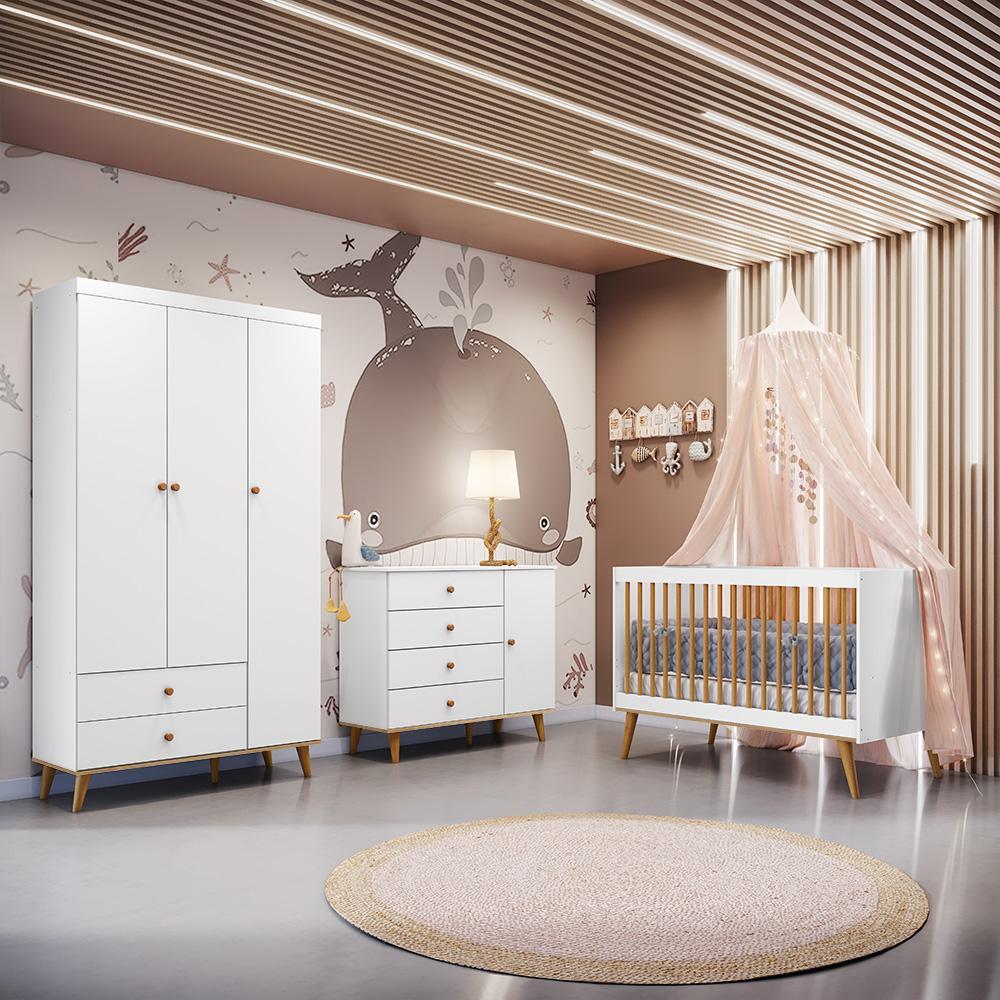 Quarto de Bebê Completo Lígia Retrô Berço 3 em 1 com Grade de Madeira Guarda Roupa 3 Portas Cômoda Infantil 4 Gavetas com Porta Branco Carolina Baby