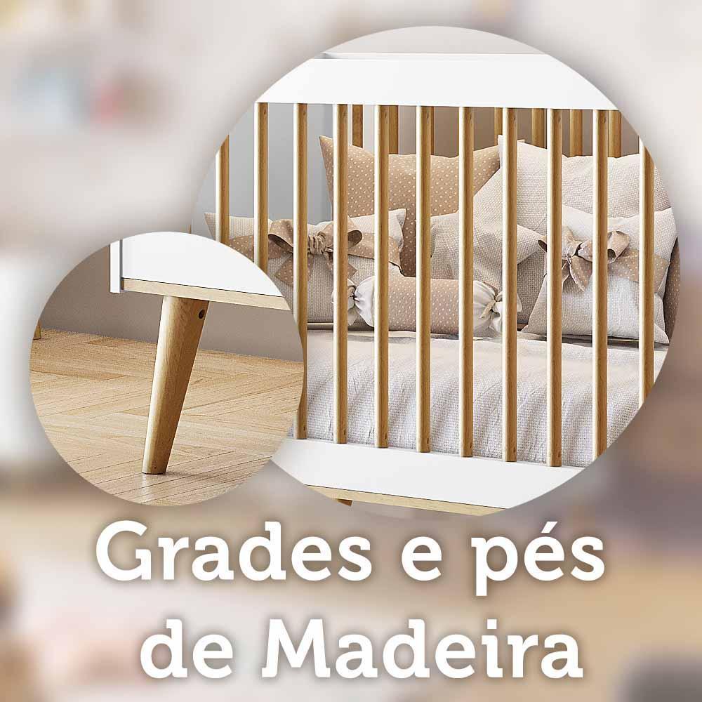 Quarto de Bebê Completo Lígia Retrô Berço 3 em 1 com Grade de Madeira Guarda Roupa 3 Portas Cômoda Infantil 4 Gavetas com Porta Branco Carolina Baby