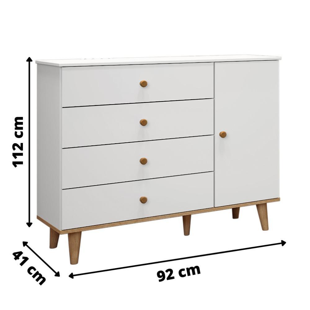 Quarto de Bebê Completo Lígia Retrô Berço 3 em 1 com Grade de Madeira Guarda Roupa 3 Portas Cômoda Infantil 4 Gavetas com Porta Branco Carolina Baby