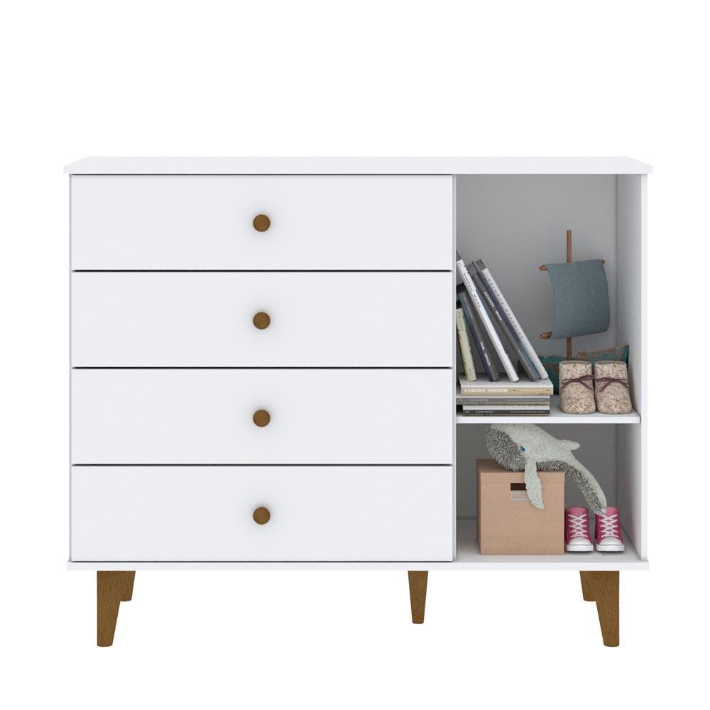 Quarto de Bebê Completo Lígia Retrô Berço 3 em 1 com Grade de Madeira Guarda Roupa 3 Portas Cômoda Infantil 4 Gavetas com Porta Branco Carolina Baby