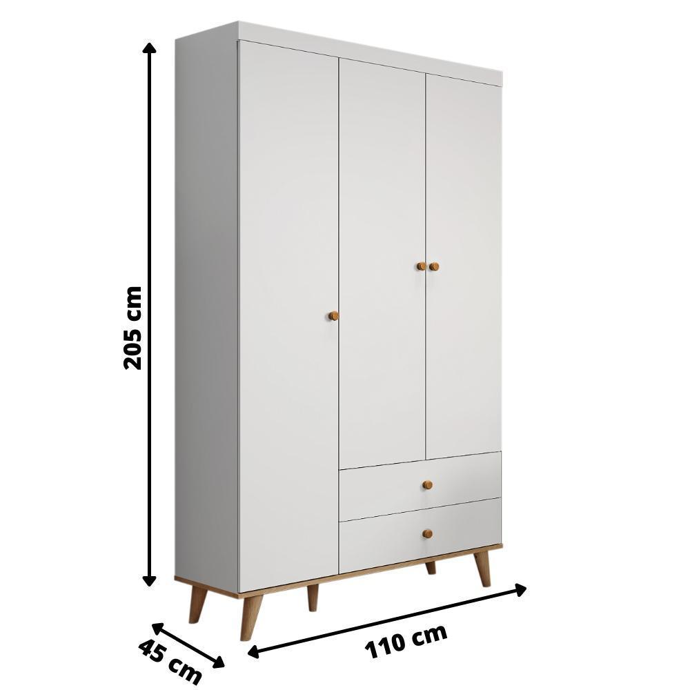 Quarto de Bebê Completo Lígia Retrô Berço 3 em 1 com Grade de Madeira Guarda Roupa 3 Portas Cômoda Infantil 4 Gavetas com Porta Branco Carolina Baby