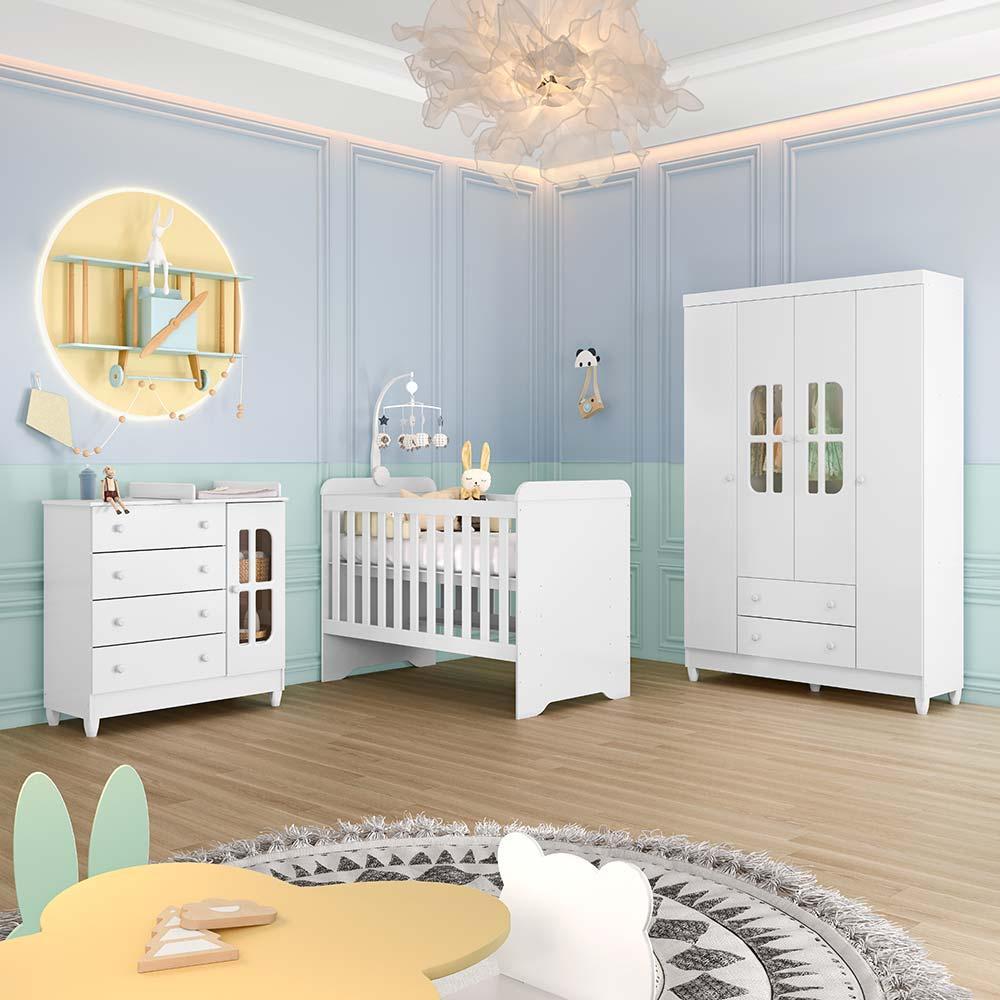 Quarto de Bebê Gabrielle Berço 3 em 1 Guarda Roupa 4 Portas Cômoda Infantil Branco Carolina Baby