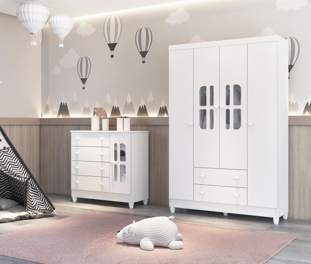 Quarto de Bebê Gabrielle Guarda Roupa 4 Portas com Gavetas Cômoda Infantil 4 Gavetas com Porta Branco Carolina Baby