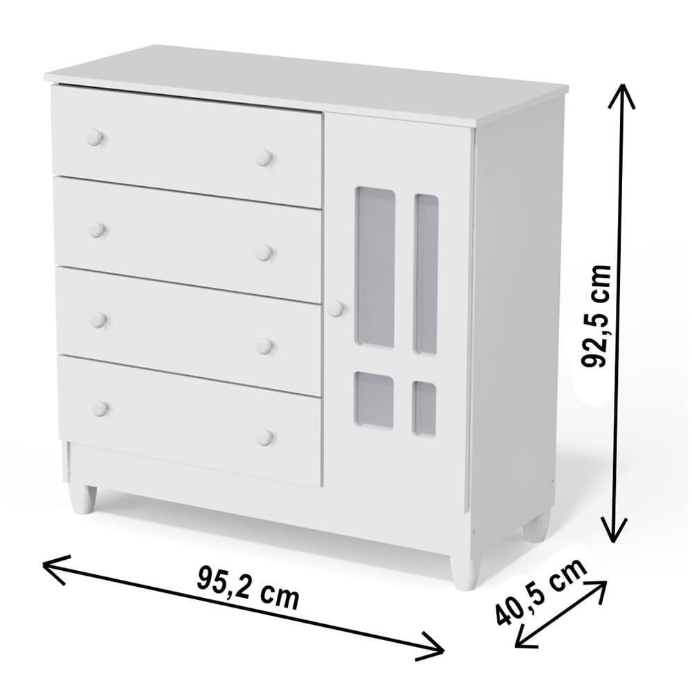 Quarto de Bebê Guarda Roupa 4 Portas com Gavetas Cômoda 4 Gavetas com Porta Ariel Branco Carolina Baby