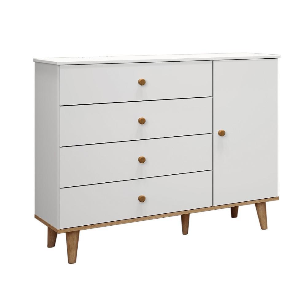 Quarto de Bebê Lígia Guarda Roupa 3 Portas com Gavetas Cômoda Infantil 4 Gavetas com Porta Branco Fosco com Bétula Carolina Baby