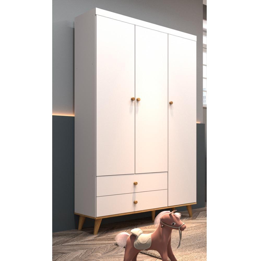Quarto de Bebê Lígia Guarda Roupa 3 Portas com Gavetas Cômoda Infantil 4 Gavetas com Porta Branco Fosco com Bétula Carolina Baby