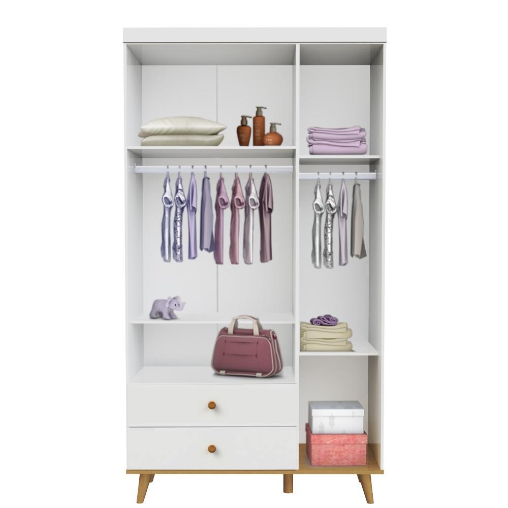 Quarto de Bebê Lígia Guarda Roupa 3 Portas com Gavetas Cômoda Infantil 4 Gavetas com Porta Branco Fosco com Bétula Carolina Baby