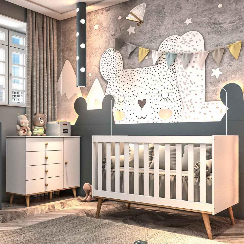 Quarto de Bebê Lígia Retrô Berço 3 em 1 Ludmila Cômoda 4 Gavetas com Porta Branco com Bétula Carolina Baby