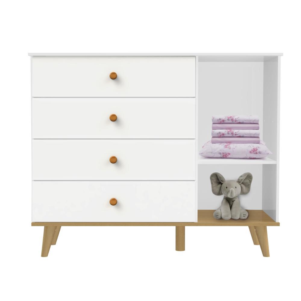 Quarto de Bebê Lígia Retrô Berço 3 em 1 Ludmila Cômoda 4 Gavetas com Porta Branco com Bétula Carolina Baby
