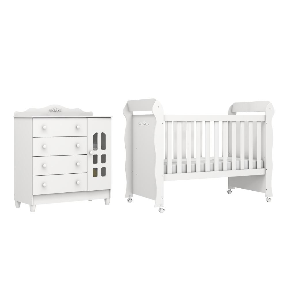 Quarto de Bebê Lisa Provençal Berço Mini Cama Lisa Cômoda Infantil com Porta Branco Carolina Baby