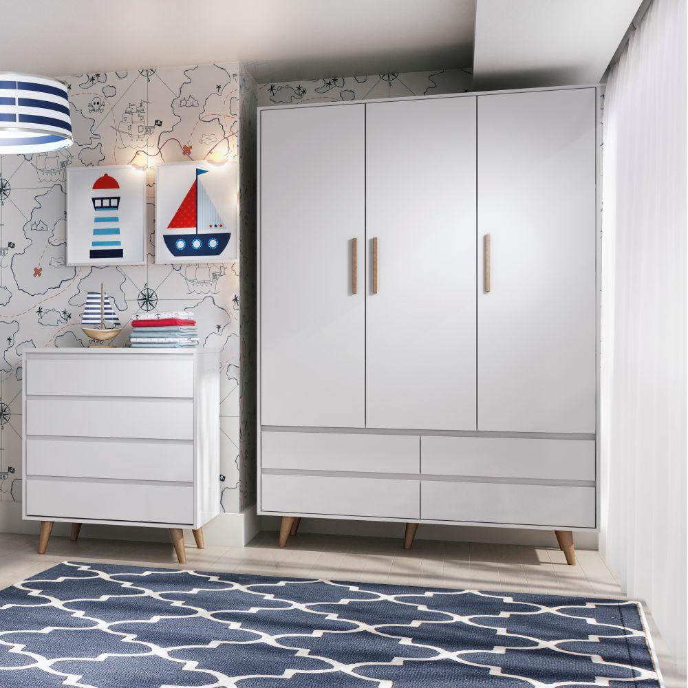 Quarto de Bebê Lorena Guarda Roupa 3 Porta com Gavetas Cômoda Infantil 4 Gavetas Branco Fosco Carolina Baby