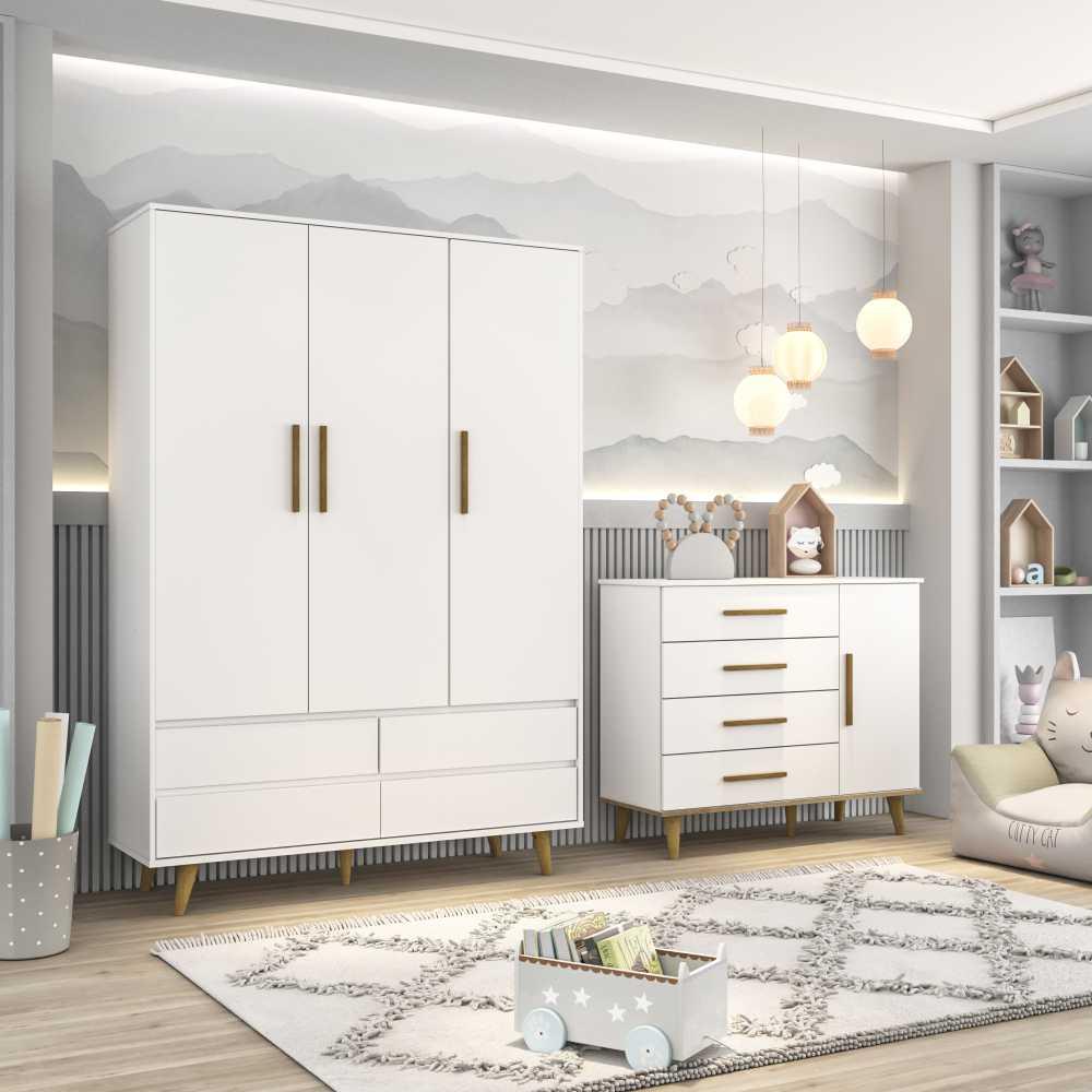Quarto de Bebê Ludmila Guarda Roupa 3 Porta com Gavetas Lorena Cômoda Infantil 4 Gavetas com Porta Branco Fosco Carolina Baby