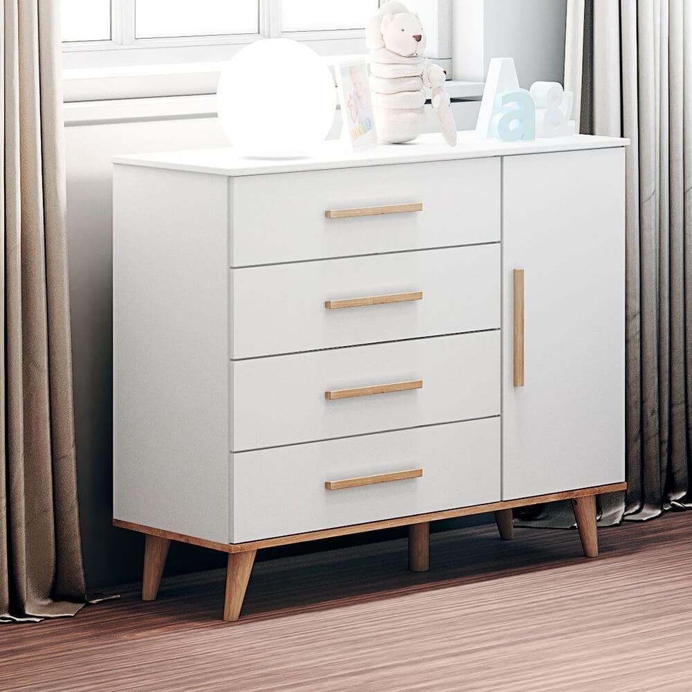 Quarto de Bebê Ludmila Retrô Guarda Roupa 3 Portas com Gavetas Cômoda Infantil 4 Gavetas com Porta Branco Fosco com Bétula Carolina Baby