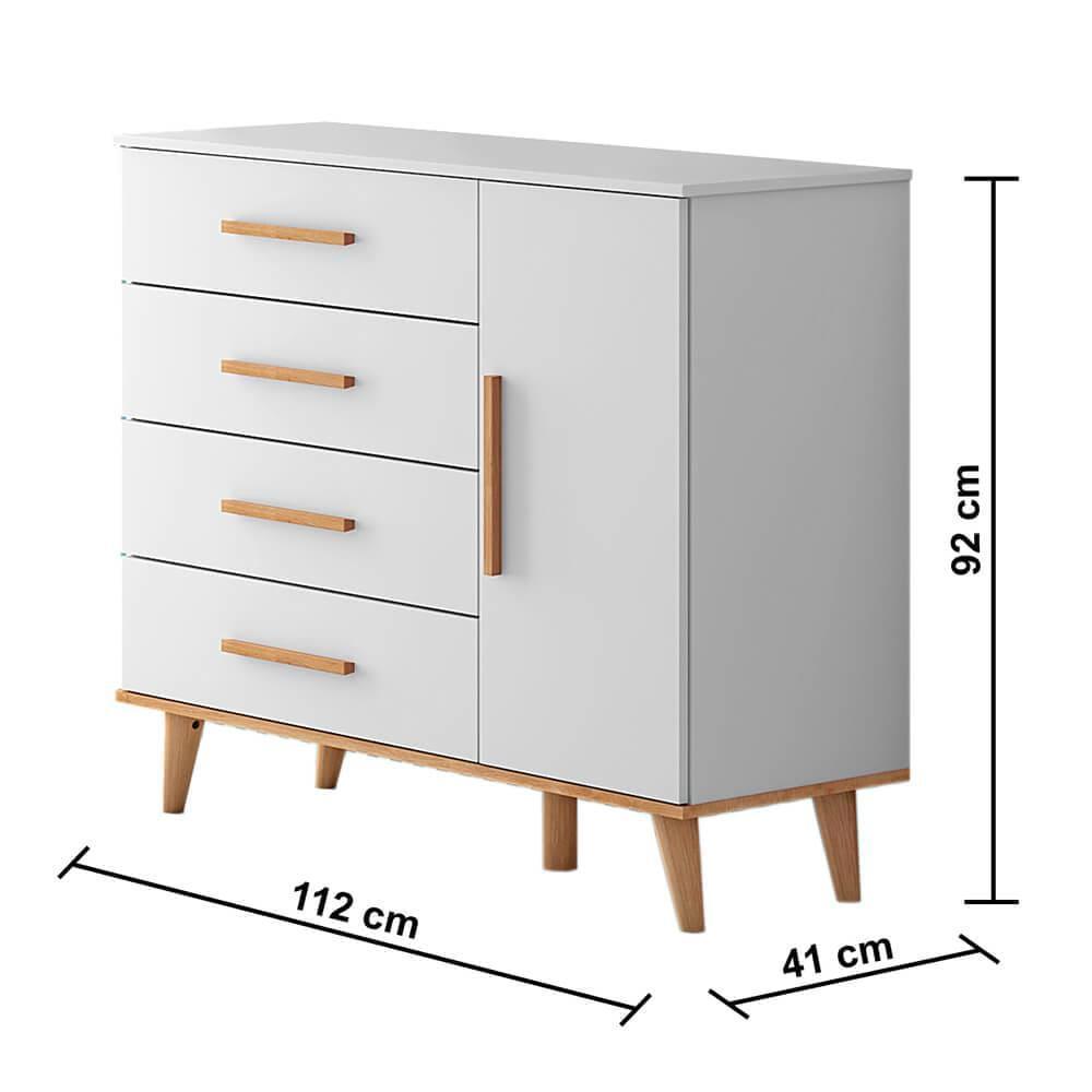 Quarto de Bebê Ludmila Retrô Guarda Roupa 3 Portas com Gavetas Cômoda Infantil 4 Gavetas com Porta Branco Fosco com Bétula Carolina Baby