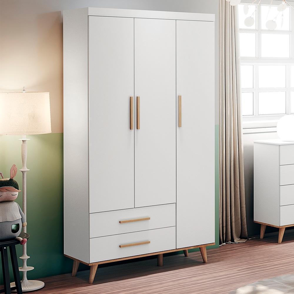 Quarto de Bebê Ludmila Retrô Guarda Roupa 3 Portas com Gavetas Cômoda Infantil 4 Gavetas com Porta Branco Fosco com Bétula Carolina Baby