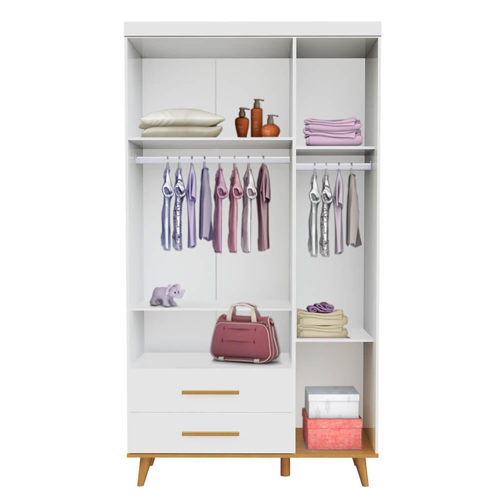 Quarto de Bebê Ludmila Retrô Guarda Roupa 3 Portas com Gavetas Cômoda Infantil 4 Gavetas com Porta Branco Fosco com Bétula Carolina Baby