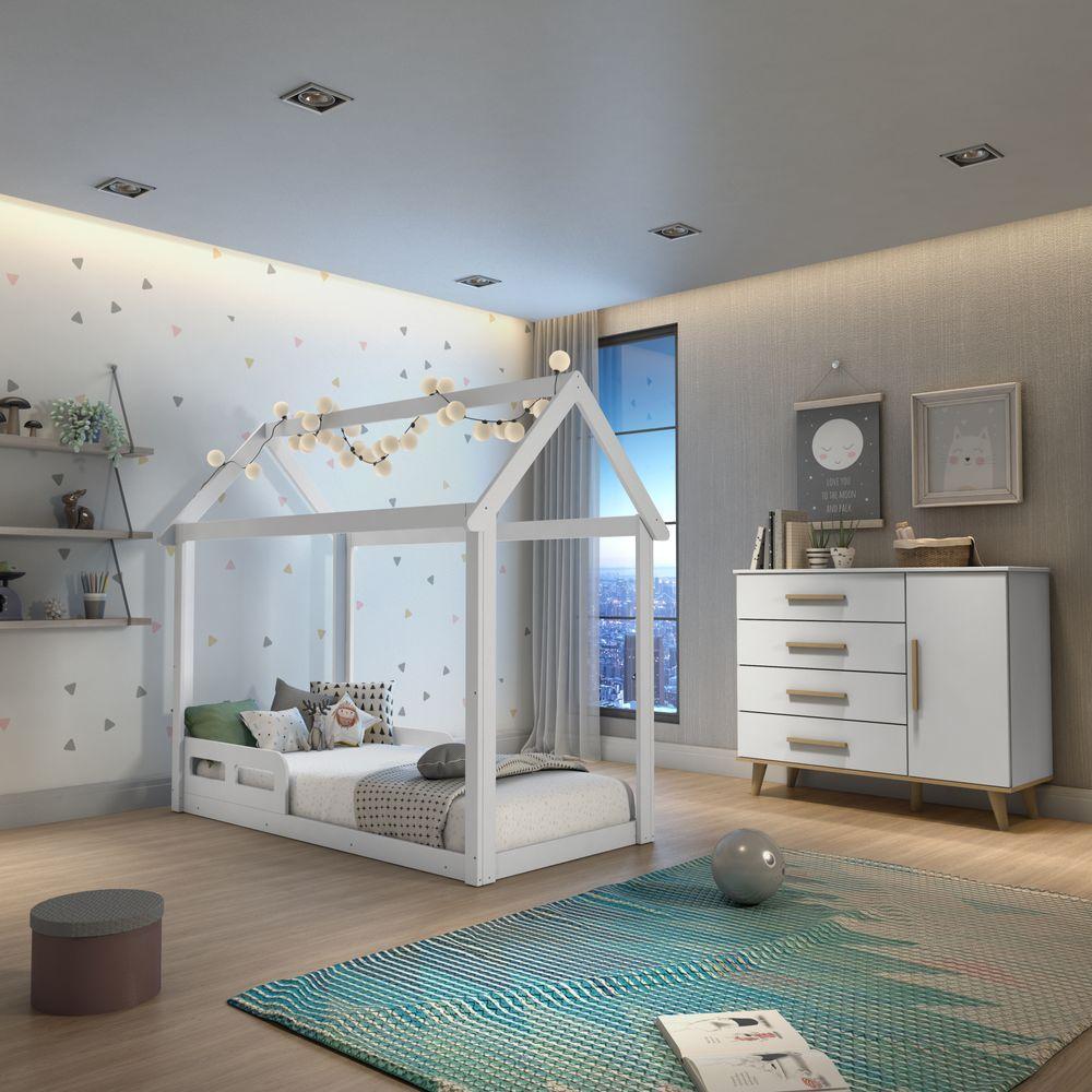Quarto de Bebê Montessoriano Retrô Ludmila Cama Casinha Analu Cômoda Infantil Branco Carolina Baby