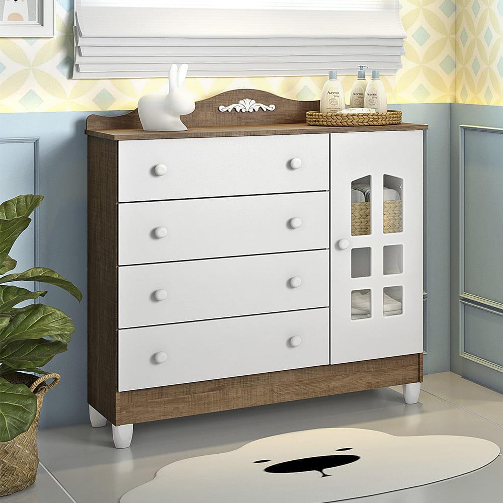 Quarto de Bebê Provençal Lisa Berço Mini Cama Cômoda Infantil com Porta Branco Amadeirado Carolina Baby