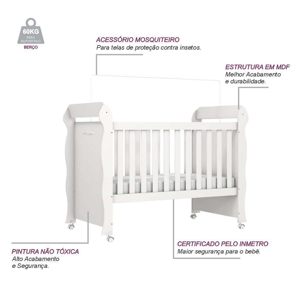 Quarto de Bebê Provençal Lisa Berço Mini Cama Guarda Roupa 3 Portas Cômoda Infantil Branco Carolina Baby