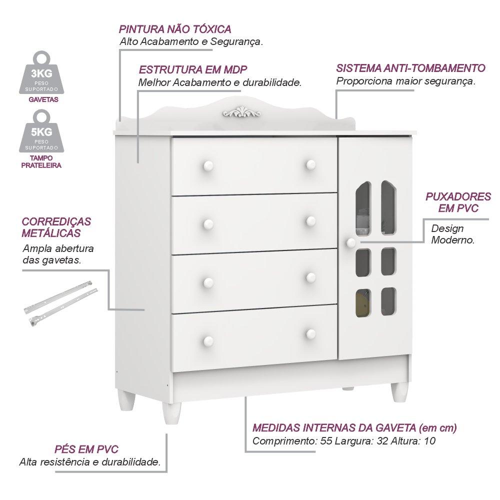 Quarto de Bebê Provençal Lisa Berço Mini Cama Guarda Roupa Cômoda Infantil Branco Carolina Baby