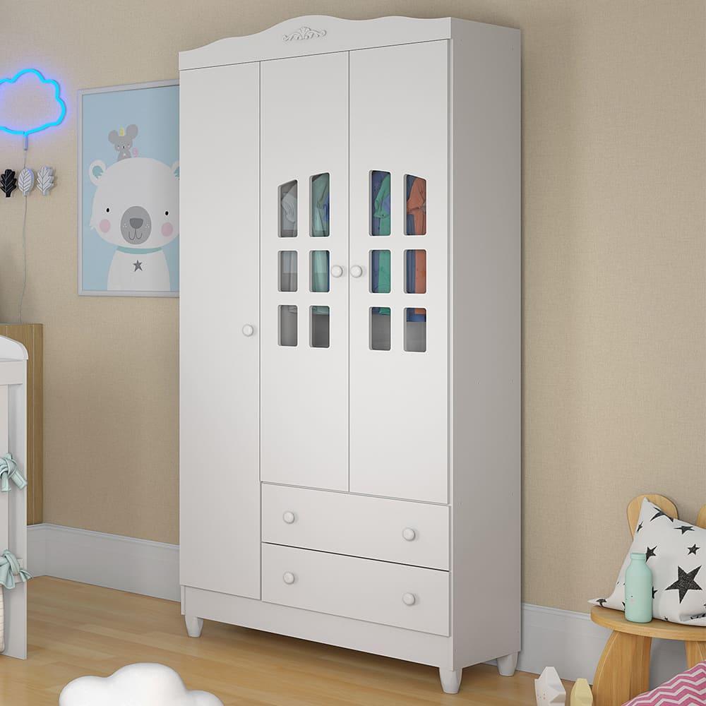 Quarto de Bebê Provençal Lisa Berço Mini Cama Guarda Roupa Infantil 3 Portas Branco Carolina Baby