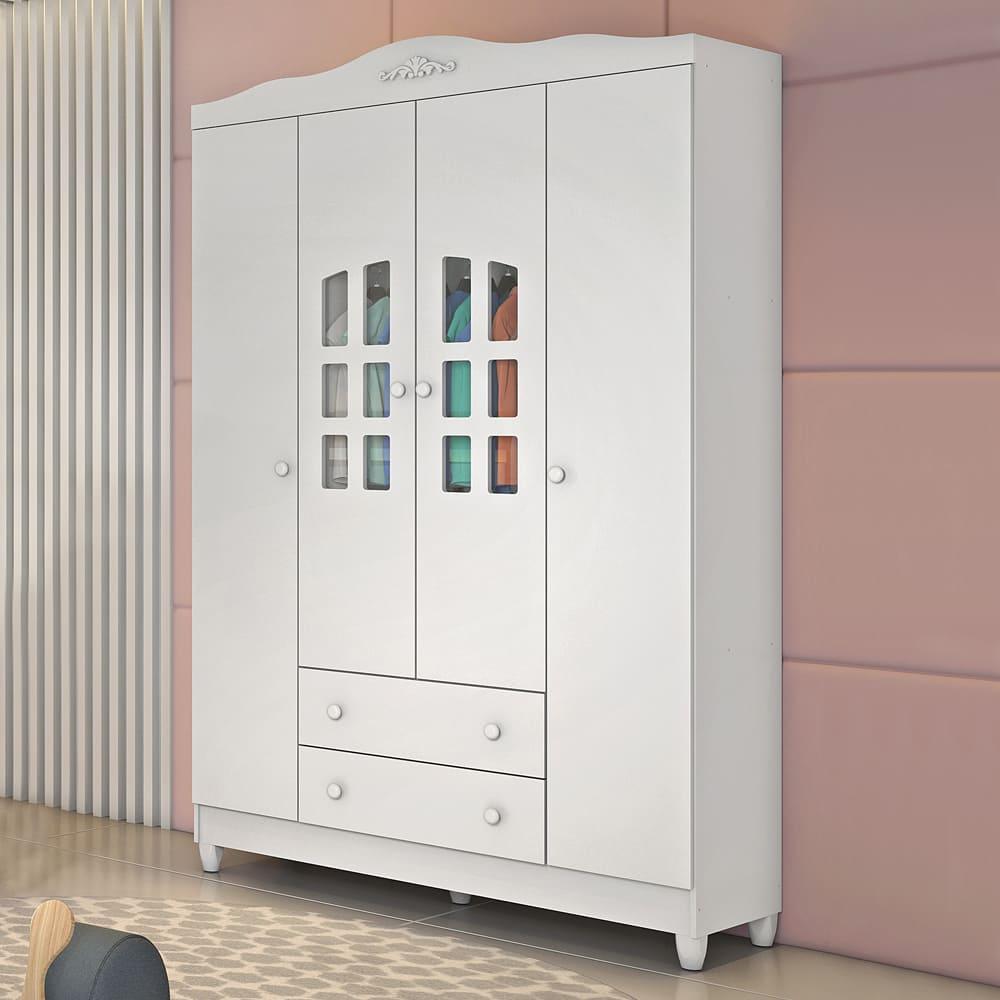 Quarto de Bebê Provençal Lisa Berço Mini Cama Guarda Roupa Infantil 4 Portas Branco Carolina Baby